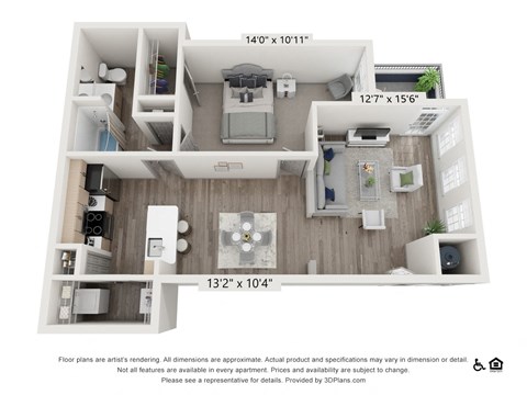Floor plan for 1 bed, 1 bath, 770 sqft